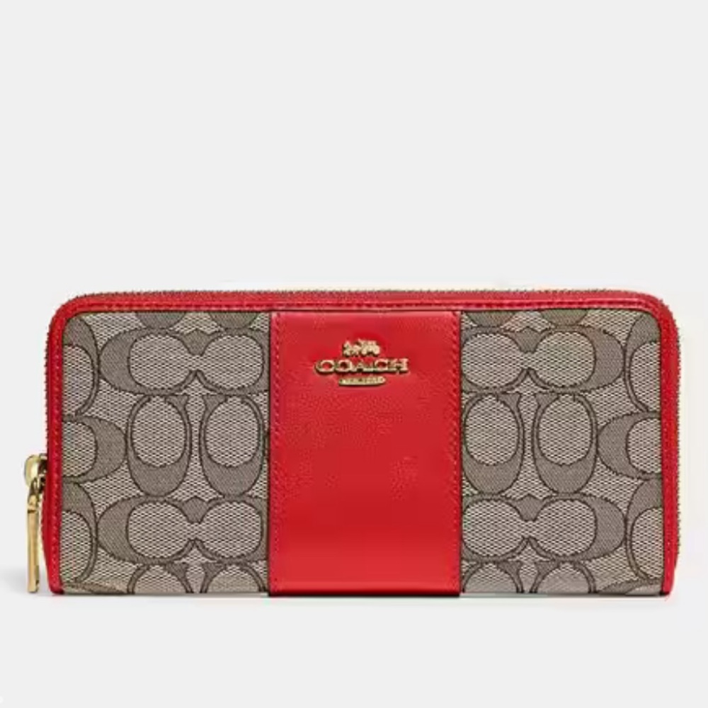 Coach Sport Red and Cocoa Brown Signature Jacquard Zip Accordion Wallet C5731B